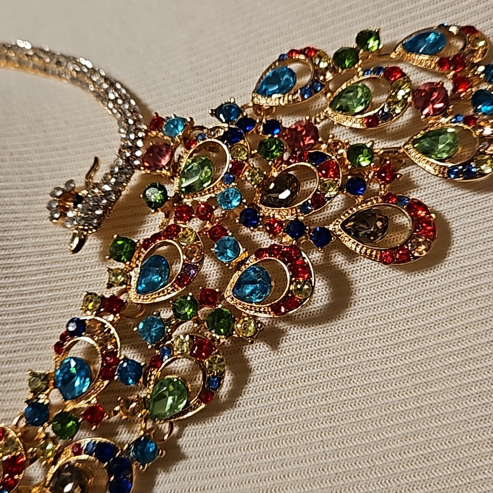 Multicolor Rhinestone Peacock Statement Necklace … - image 8